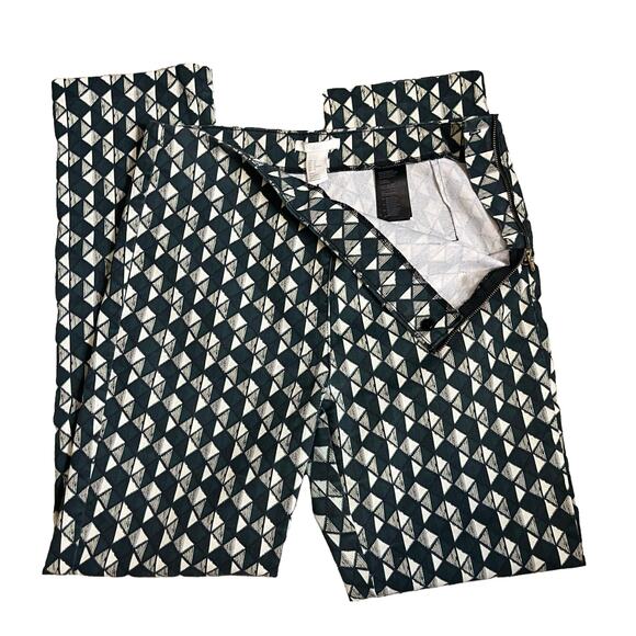 H&M Skinny Fit Stretch Pants Geometric Print Green Trousers Sz 12 mod unique - Picture 7 of 11